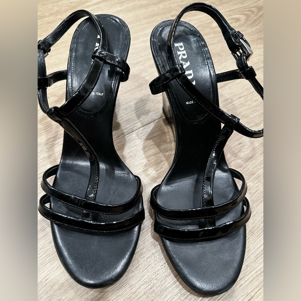 Prada patent leather black T-strap wedge sandals, 36 / approx 6 - Picture 2 of 9